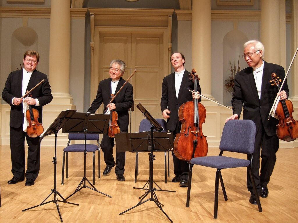 quartet, tokyo, stage, strings, musicians, men, bowing, standing, music, classical, performance, entertainment, buildings, interior, inside, japan, brown music, brown interior, quartet, quartet, quartet, quartet, quartet